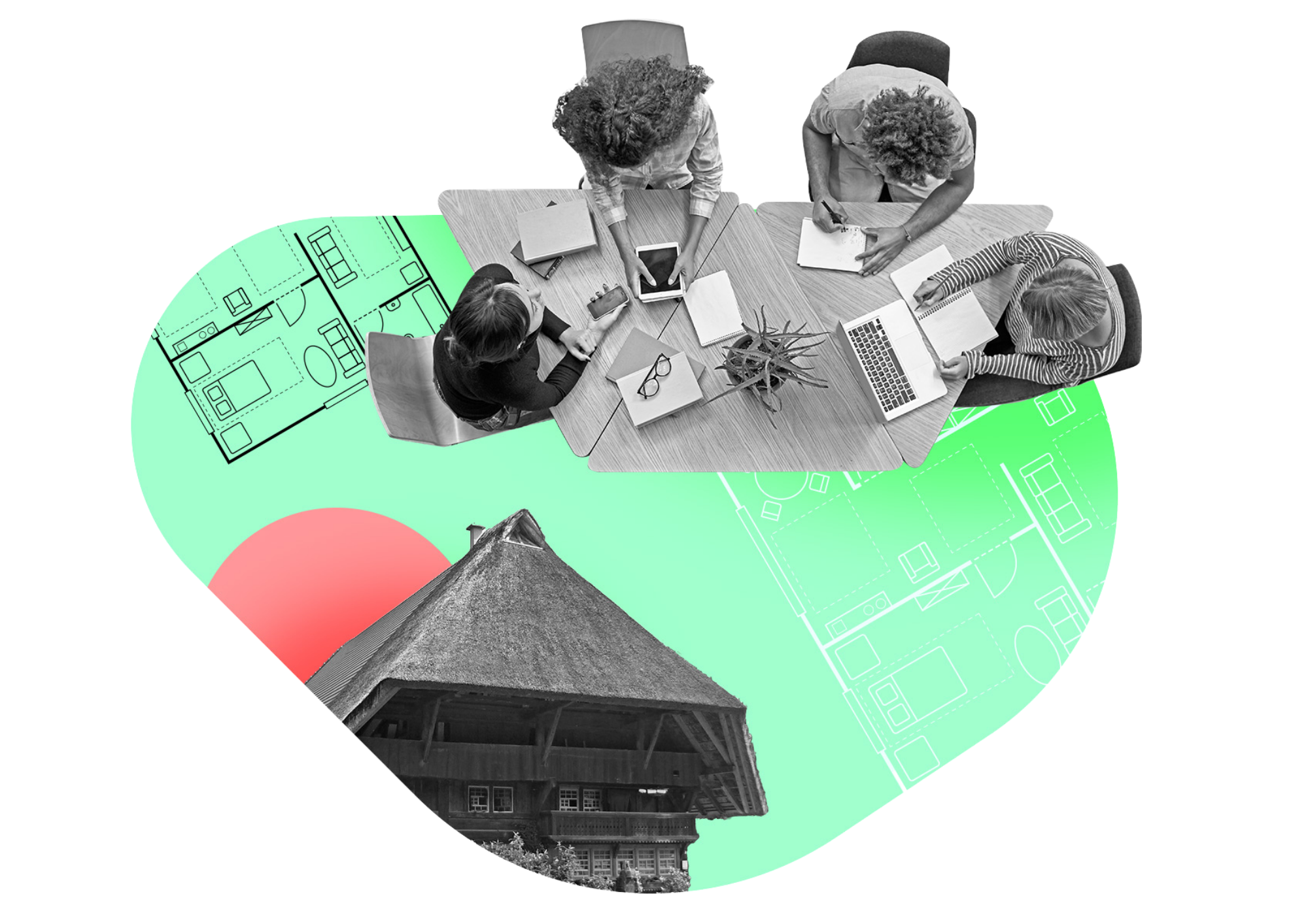 Collage aus gemeinsamer Planung, Schwarzwaldhaus und Beteiligung